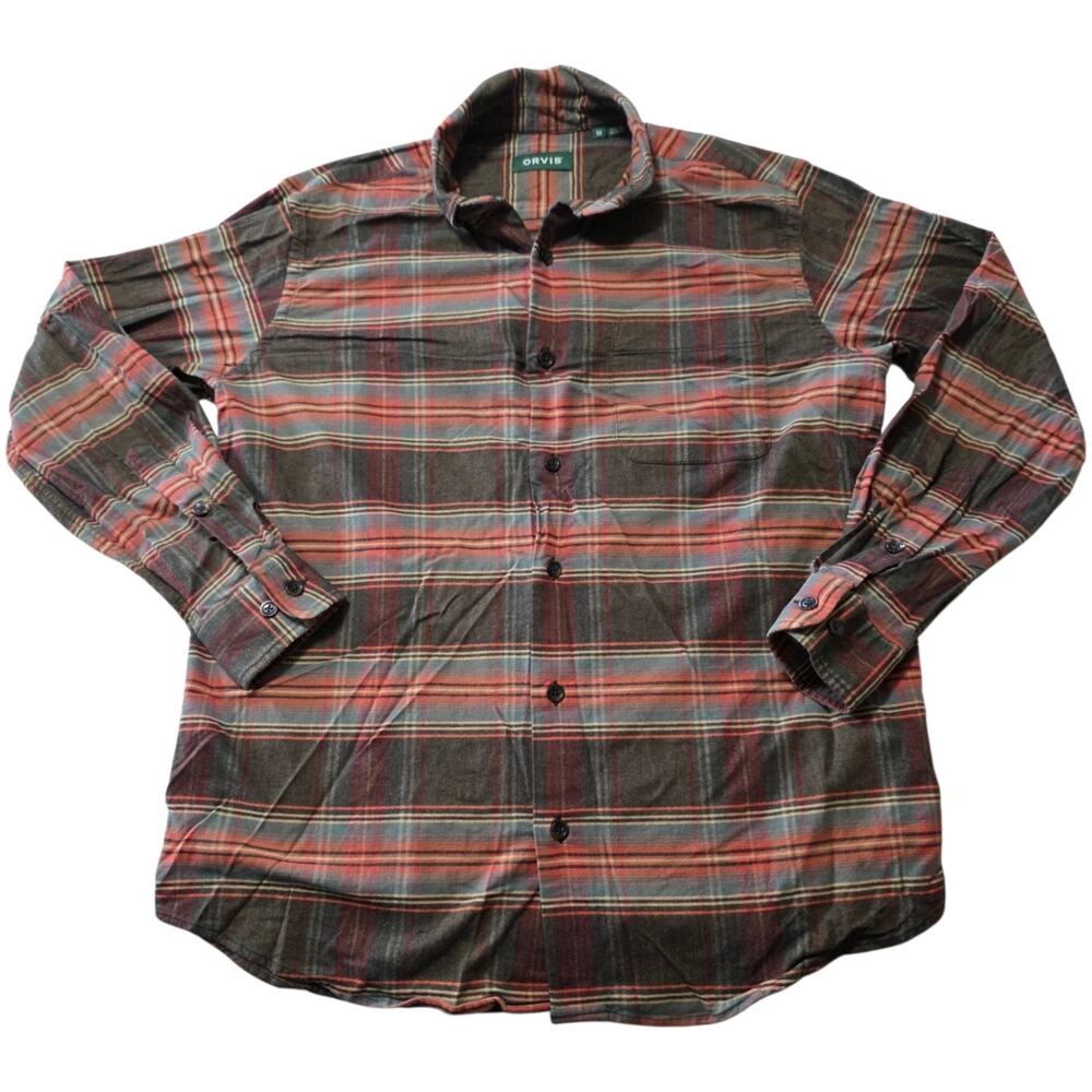 Orvis Luxury Cotton Merino Plaid Flannel Shirt Men's Medium Brown Wool Blend